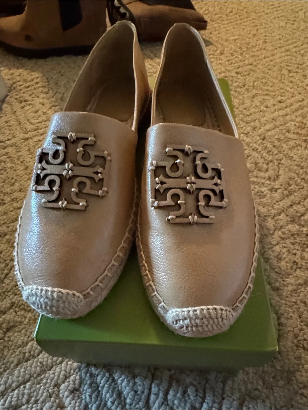 Tory Burch Tan Leather Logo Espadrille Flats